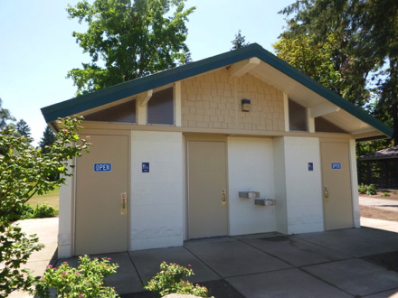 Restroom located by soccer field - park has five restroom buildings – some have drinking fountains